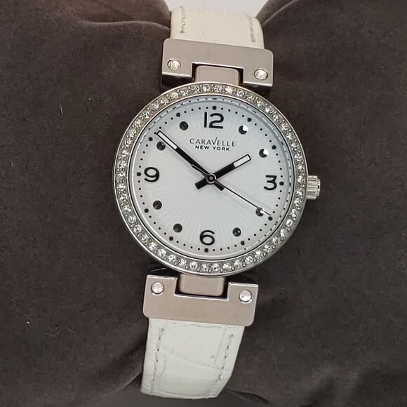 Caravelle Ladies Dress Watch By Bulova Crystal Bezel Reversible Strap 32mm - Picture 5 of 15
